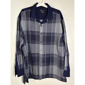 Silversilk‎ Mens 2XL Navy Blue Grey Plaid Knit Button Down Shirt Camp Collar